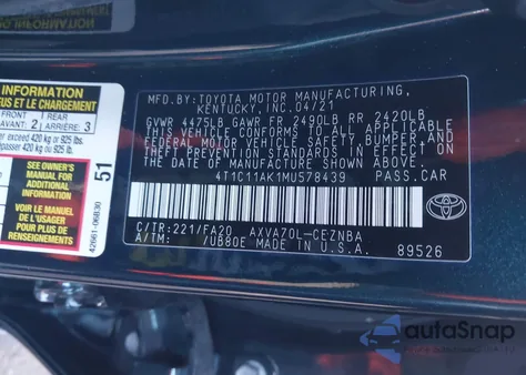 2021 Toyota Camry Le из США, поврежденный, VIN 4T1C11AK1MU578439